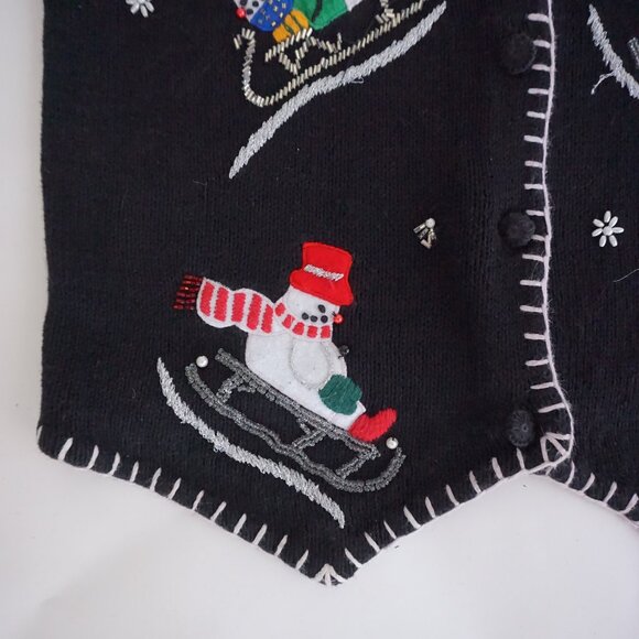 Vintage Victoria Jones Black Holiday Ski Snowman Vest Cotton Festive Grandpa L - Picture 5 of 10